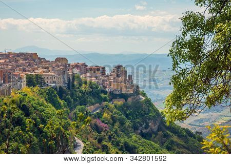 The Town Of Enna Italy Sicily On A Hillside Cliff, Aerial View