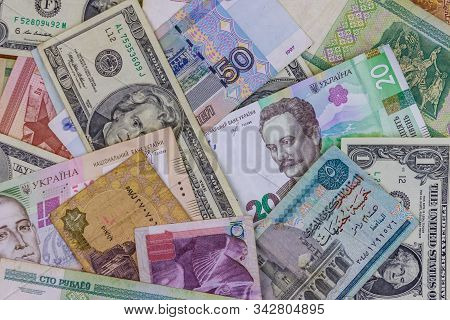 Multicurrency Background Of Us Dollars, Russian Rubles, Belarusian Rubles, Egyptian Pounds And Ukrai