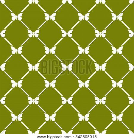 Vector Repeat Seamless Geometric Pattern With Butterflies. White Butterflies On Green Background. Su