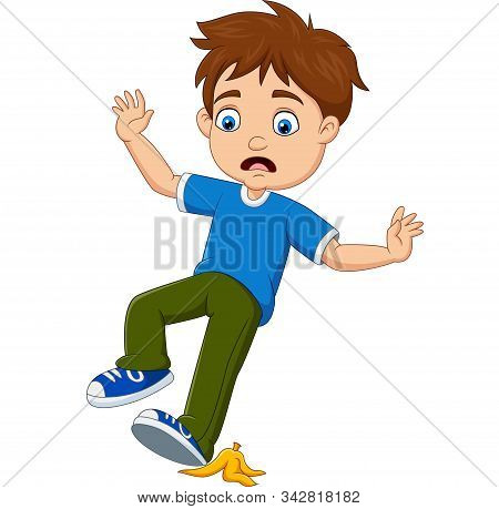 Vector Illustration Of Cartoon Little Boy Slipping On A Banana Peel