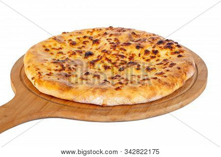 Georgian Traditional Food Khachapuri On A Wooden Dish On White Background.