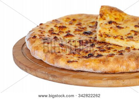 Georgian Traditional Food Khachapuri On A Wooden Dish On White Background.