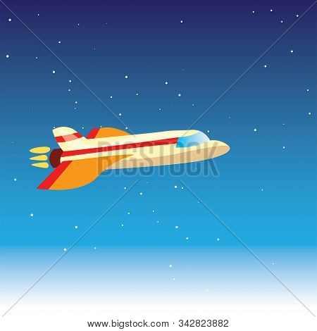 Cartoon Cute Vector Illustration Of Plane In Blue Stratosphere, Atmosphere, Almost In Space. Airplan