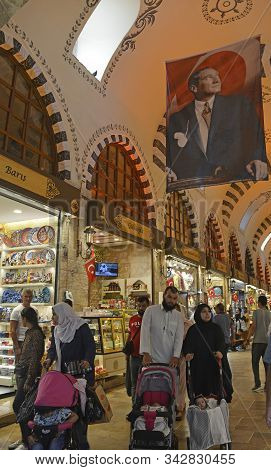 Istanbul, Turkey - September 6th 2019. Tourists Walk Past Shops Selling Souvenirs In The Historic Eg