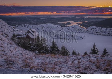 Mount Ulriken, Bergen, Norway - 2019.11.09. House Covered With Snow At Top Of Ulriken Mountain. Froz