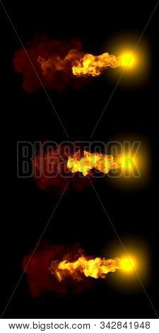 3 Different Renders Of Flying Fireball - Detailed Fireball Concept Isolated On Black, 3d Illustratio