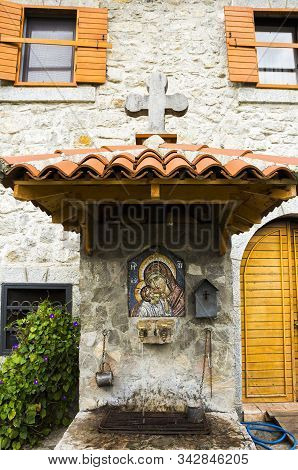 The Holy Water Spring And Icon Of The Holy Virgin On Territory Of Serbian Orthodox Monastery (cloist