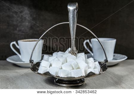 Sugar Cubes In Metal Vintage Sugar  Bowl With Sugar Tongs.