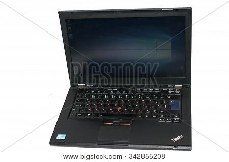 Lenovo Black Laptop Lightweight Modern Processor On A Gray Background Kakhakhstan 01/03/2020
