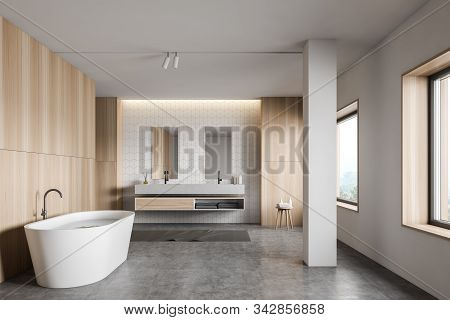 White Tile And Wood Bathroom Interior