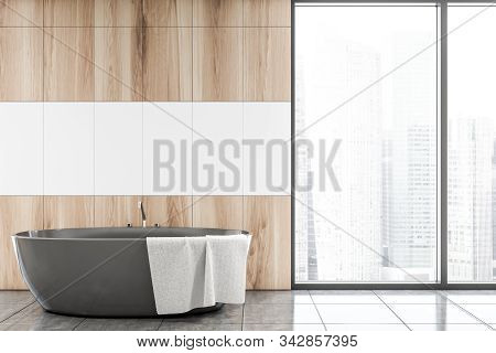 White And Wooden Bathroom Interior With Tub