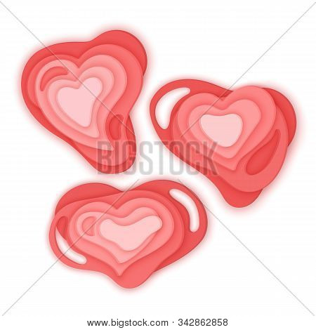 Set Of Valentines Hearts In Paper Cut Style Isolated On White Background, Can Be Used Like Decoratio