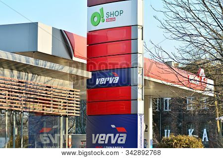 Warsaw, Poland. 18 August 2018. Sign Orlen Shop. Company Signboard Orlen Shop.