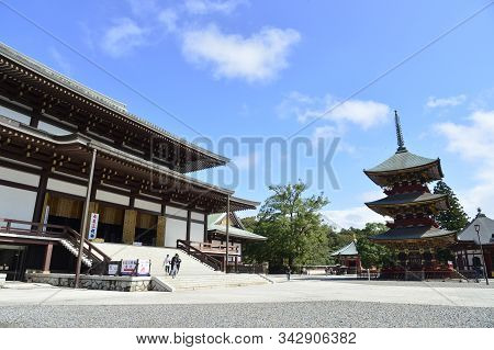 Narita, Japan - October 4, 2019: View Of Naritasan Temple With Red Pagoda And Blue Sky In Naritasan 