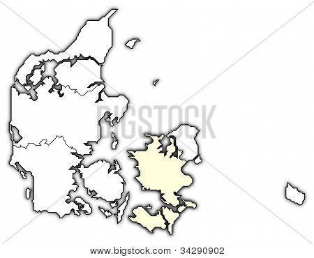 Dánia, kiemelve Zealand térképén