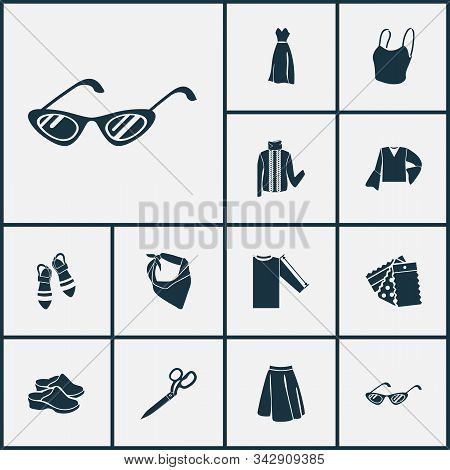 Fashion Design Icons Set With Cat Eye Sunglasses, Corsage Dress, Bell Sleeve Shirt And Other Shirt S