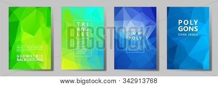 Facet Triangles Mosaic Cover Page Layouts Vector Graphic Design Set. Crystal Texture Low Poly Patter