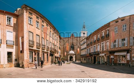 Perpignan, France - May 16, 2018: Leon Gambetta Square And Cathedral Basilica Of Saint John The Bapt