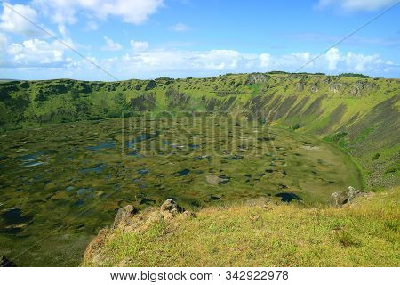 Breathtaking View Of Rano Kau Crater Lake On Easter Island, Pacific Ocean, Chile, South America