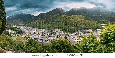 Andorra, Principality Of The Valleys Of Andorra. Top Panoramic View Of Cityscape In Summer Season. C