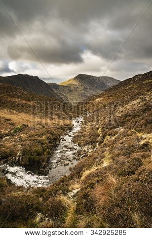 Majestic Autumn Fall Landscape Image Of Mountain Peaks In Lake District Near Buttermere With Gorgeou