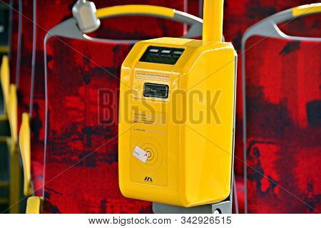 Warsaw, Poland. 4 February 2018.interior Of A City Bus. Ricket Validator And Ticket Sales Machine