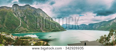 Panorama Of Eidfjord, Norway. Stockholm, Sweden. Touristic Ship Or Ferry Boat Boat Liner Moored Near