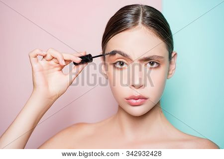 Young Beautiful Woman Does Natural Brow Makeup. Portrait Of Girl With Professional Nude Makeup And P