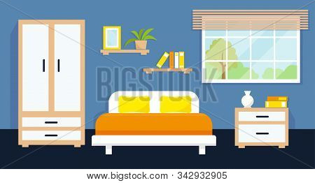 Cozy Bedroom Interior With Furniture And Window. Vector Illustration.