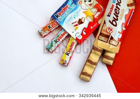 Kinder Chocolate Small Box For Kids And Bueno White Chocolate Bar Made By Ferrero Spa. Kinder Is A C