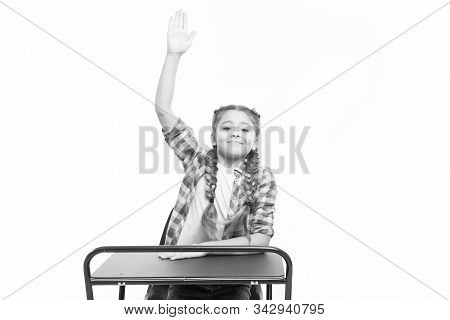 September 1 The First Day Of School Year. Little Girl Raising Hand On September 1 Isolated On White.