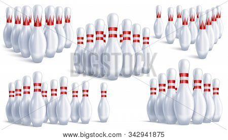 Skittles For Bowling. Five Sets Of Ten In Each, Arranged For The Game. Different Angles And Types. I