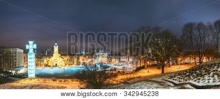 Tallinn, Estonia. Panorama Of Church Of St. John Jaani Kirik At Night Time. Large Lutheran Parish Ch