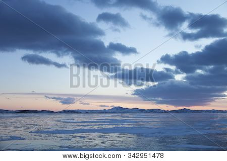 Lake Baikal. Winter Sunset Nature Landscape. Russia