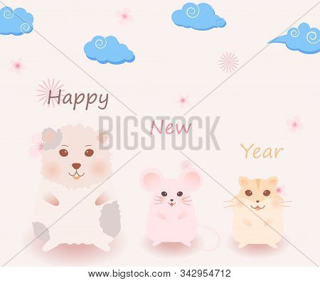 Happy New Year Background. Guinea Pig, Mouse, Hamster And Flower With Cloud Chinese On Pastel Color 