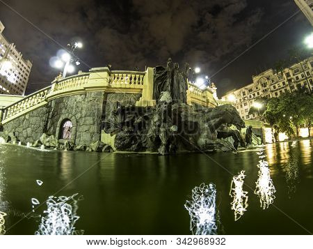 Sao Paulo, Brazil, March 29, 2018. Night View Of Fountain In Ramos De Azevedo Square, In Honor Of Th