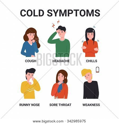 Set Sick People Have A Cold Or Flu Symptoms. Flat Vector Cartoon Characters Isolated White Backgroun
