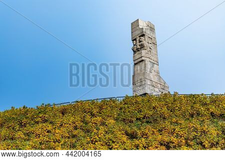 Gdansk, Poland - October 24 2020: Westerplatte Square With Great Stone Monument On Top Of Hill