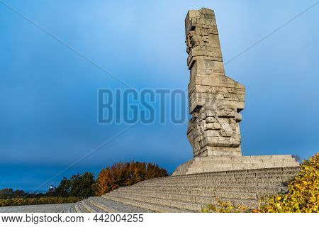 Gdansk, Poland - October 24 2020: Westerplatte Square With Great Stone Monument On Top Of Hill