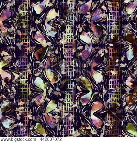 Exotic Multicoloured Boho Stripe Line Print. Seamless Autumnal Dark Ground Detailed Repeat Pattern. 