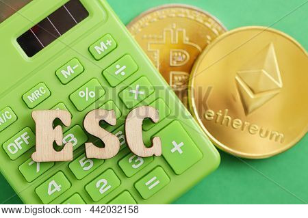 Socially Responsible Investing. Green Calculator, Assets Esg, Cryptocurrency, Blockchain Technology,