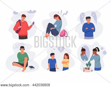 Depressed Students. Sad Emotions Child School Stress, Lonely Boy, Crying Upset Teen, Hate Abuse Woma