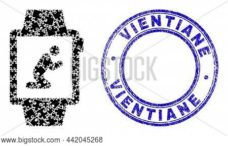Puzzle Pray Gadget Watches Mosaic Icon With Vientiane Stamp. Blue Vector Round Distress Seal Stamp W