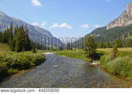 Wyoming River Gannett Peak  In Distance Beautiful Summer Day