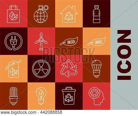 Set Line Human Head With Gear Inside, Led Light Bulb, Leaf Bio Symbol, Eco House Recycling, Wind Tur