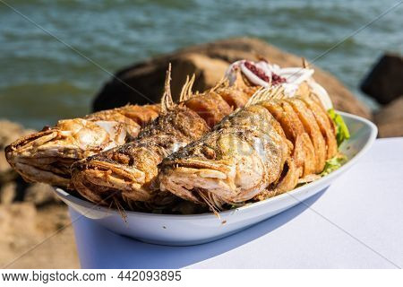 Plate With Three Pike-perch Fish Served In A Fishing Restaurant In Bibi-heybat Settlement Of Baku, A