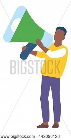 Man Speaking In Big Megaphone. Loud Voice Concept