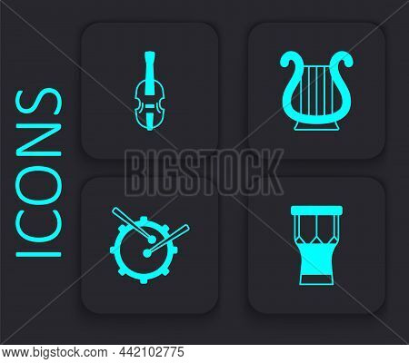 Set African Percussion Drum, Violin, Ancient Greek Lyre And Drum With Sticks Icon. Black Square Butt