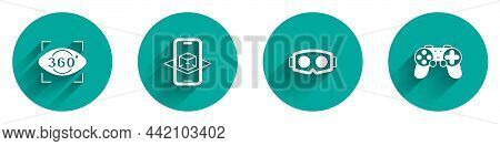 Set 360 Degree View, 3d Modeling, Virtual Reality Glasses And Gamepad Icon With Long Shadow. Vector