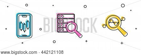 Set Mobile Stock Trading, Server And Search Data Analysis Icon. Vector